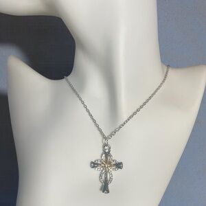 Gothic Style Silver and Gold Cross Pendant Necklace